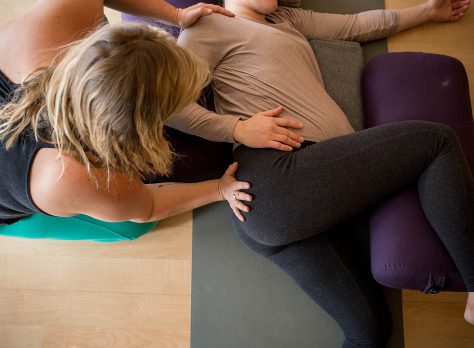 Jess on prenatal partner yoga session